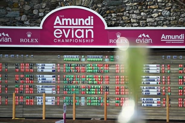 The scoreboard is pictured on the eighteenth green during day four of the The Amundi Evian Championship at Evian Resort Golf Club on July 25, 2021 in...