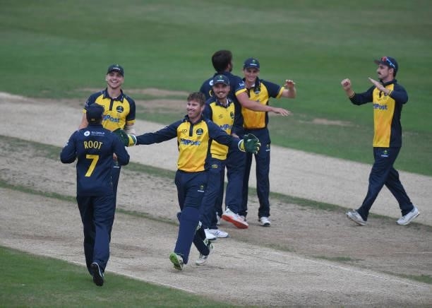The players of Glamorgan celebrate their win over Northamptonshire during the Royal London Cup match between Northamptonshire and Glamorgan at The...