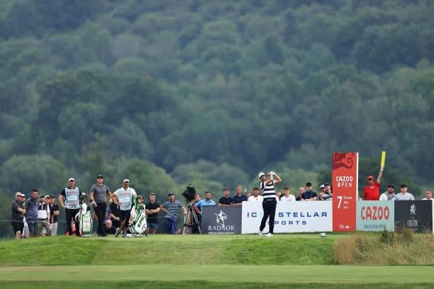 Nacho Elvira of Spain plays his shot from the seventh tee during Day Four of the Cazoo Open supported by Gareth Bale at Celtic Manor Resort on July...