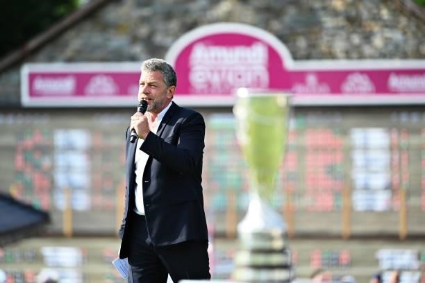 Jacques Bungert, Director of the Amundi Evian Championship, talks at the prize giving ceremony during day four of the The Amundi Evian Championship...