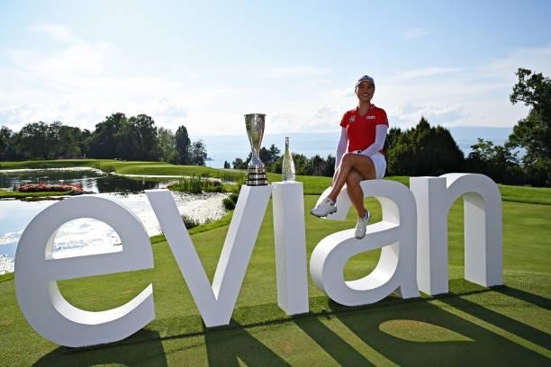 Tournament winner Minjee Lee of Australia celebrates with her trophy during day four of the The Amundi Evian Championship at Evian Resort Golf Club...