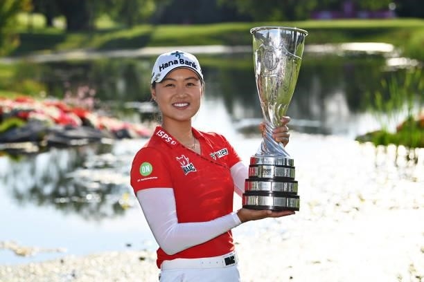 Tournament winner Minjee Lee of Australia poses for a photo with her trophy during day four of the The Amundi Evian Championship at Evian Resort Golf...