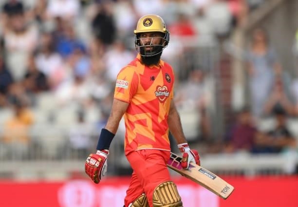 Phoenix batter Moeen Ali leaves the pitch after being dismissed during the Hundred match between Manchester Originals and Birmingham Phoenix at...