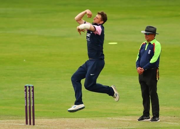 Luke Hollman of Middlesex bowls during the Royal London Cup match between Essex and Middlesex at Cloudfm County Ground on July 25, 2021 in...