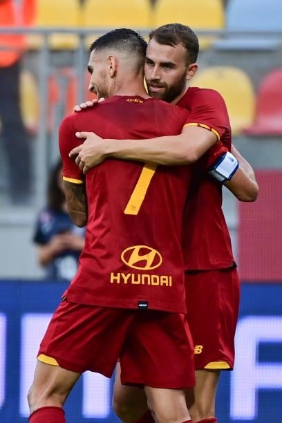 Lorenzo Pellegrini and Borja Mayoral celebrates during a Friendly match between AS Roma v Debreceni at Benito Stirpe Stadium in Frosinone