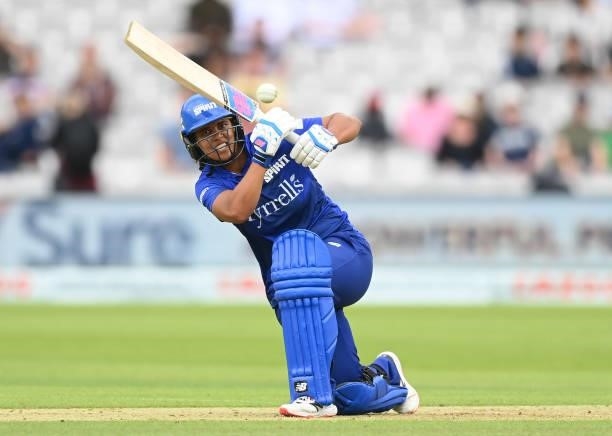 Chloe Tryon of London Spirit bats during The Hundred match between London Spirit and Oval Invincibles at Lord's Cricket Ground on July 25, 2021 in...
