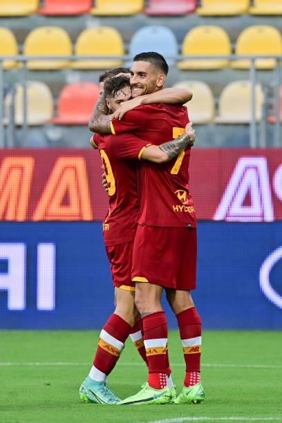 Lorenzo Pellegrini and Nicola Zalewski celebrates during a Friendly match between AS Roma v Debreceni at Benito Stirpe Stadium in Frosinone