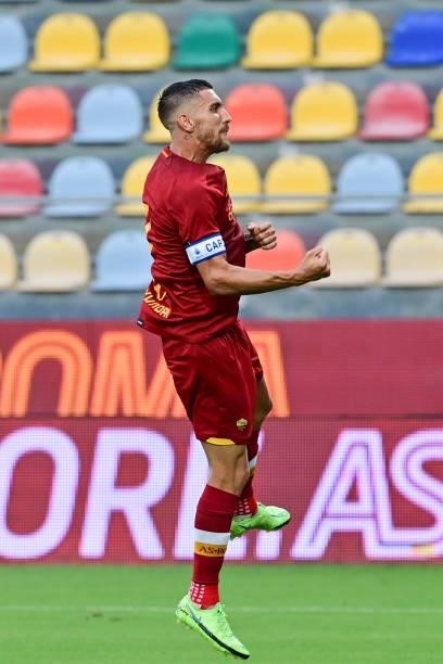 Lorenzo Pellegrini celebrates after scoring the goal during a Friendly match between AS Roma v Debreceni at Benito Stirpe Stadium in Frosinone