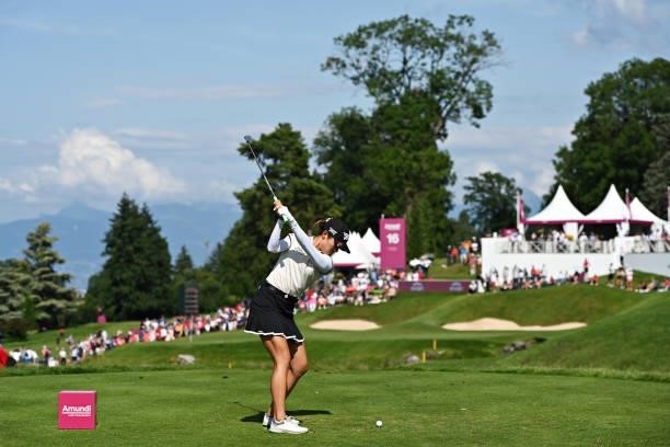 Lydia Ko of New Zealand plays her shot from the sixteenth tee during day four of the The Amundi Evian Championship at Evian Resort Golf Club on July...