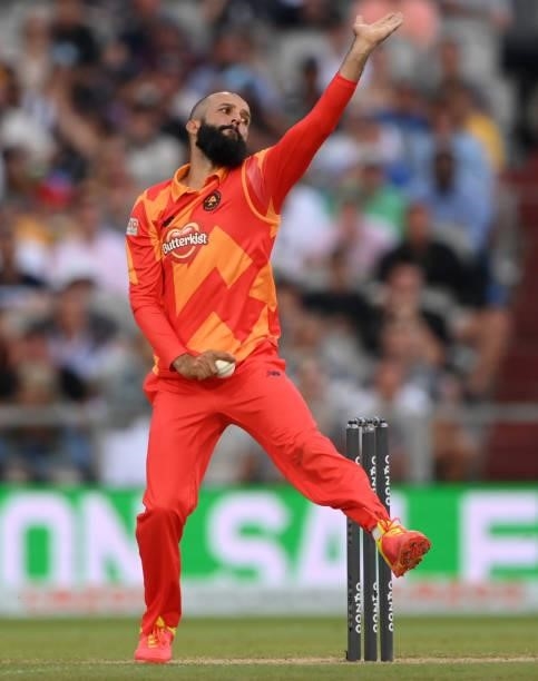 Phoenix bowler Moeen Ali in action during the Hundred match between Manchester Originals and Birmingham Phoenix at Emirates Old Trafford on July 25,...