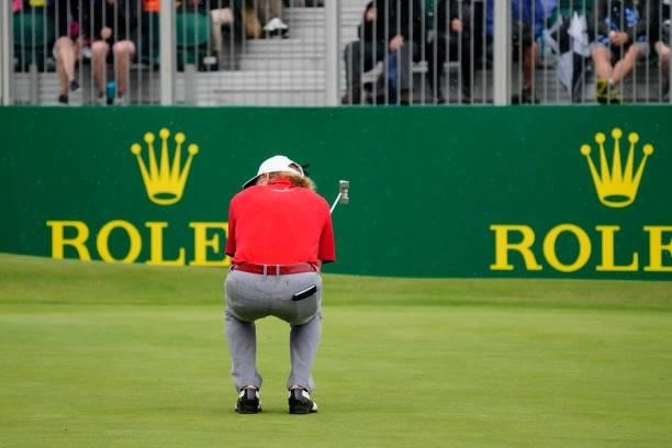 Miguel Angel Jimenez of Spain in action during the final round of the Senior Open presented by Rolex at Sunningdale Golf Club on July 25, 2021 in...