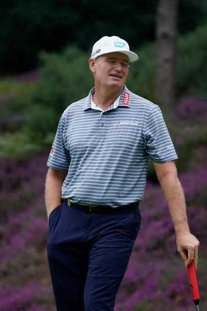 Ernie Els of South Africa in action during the final round of the Senior Open presented by Rolex at Sunningdale Golf Club on July 25, 2021 in...