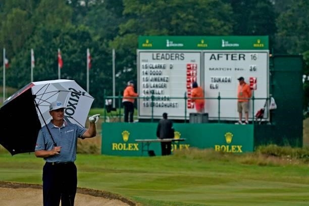 Ernie Els of South Africa in action during the final round of the Senior Open presented by Rolex at Sunningdale Golf Club on July 25, 2021 in...