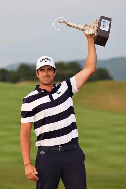 Tournament winner Nacho Elvira of Spain poses for a photo with his trophy during Day Four of the Cazoo Open supported by Gareth Bale at Celtic Manor...
