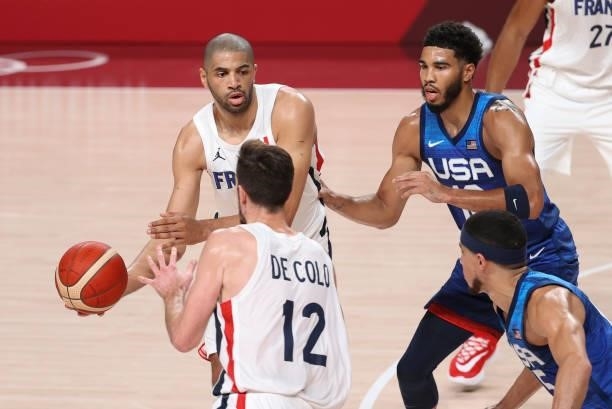 Nicolas Batum of France, Jayson Tatum of USA during the Men's Preliminary Round Group B basketball game between United States and France on day two...