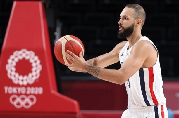 Evan Fournier of France during the Men's Preliminary Round Group B basketball game between United States and France on day two of the Tokyo 2020...