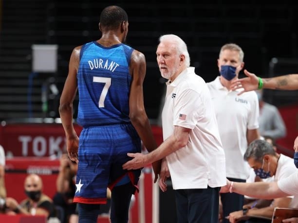 Coach of USA Gregg Popovich, Kevin Durant of USA during the Men's Preliminary Round Group B basketball game between United States and France on day...
