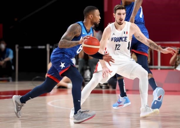 Damian Lillard of USA, Nando de Colo of France during the Men's Preliminary Round Group B basketball game between United States and France on day two...
