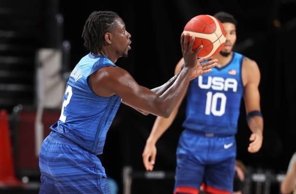 Jrue Holiday of USA during the Men's Preliminary Round Group B basketball game between United States and France on day two of the Tokyo 2020 Olympic...