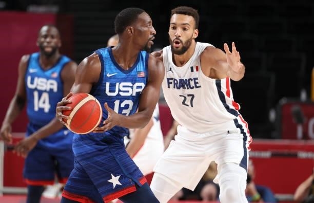 Bam Adebayo of USA, Rudy Gobert of France during the Men's Preliminary Round Group B basketball game between United States and France on day two of...
