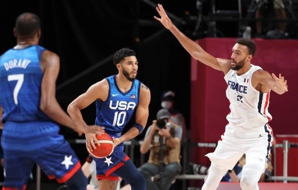 Jayson Tatum of USA, Rudy Gobert of France during the Men's Preliminary Round Group B basketball game between United States and France on day two of...