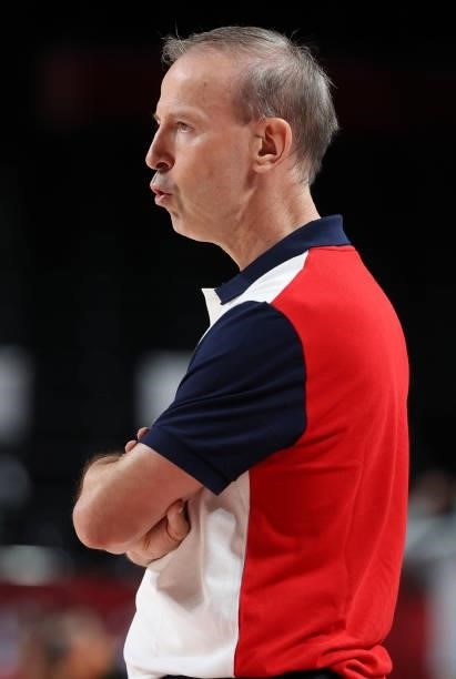 Coach of France Vincent Collet during the Men's Preliminary Round Group B basketball game between United States and France on day two of the Tokyo...