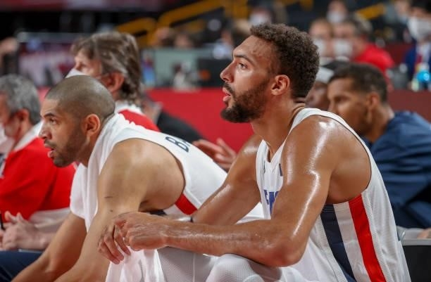 Rudy Gobert, Nicolas Batum of France during the Men's Preliminary Round Group B basketball game between United States and France on day two of the...