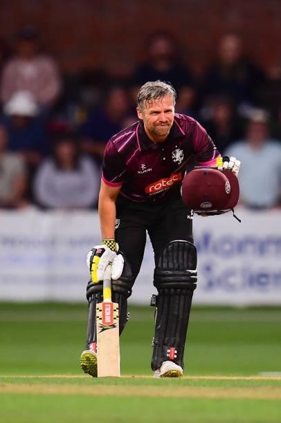 James Hildreth of Somerset reacts after reaching their century during the Royal London One Day Cup match between Somerset and Derbyshire at The...