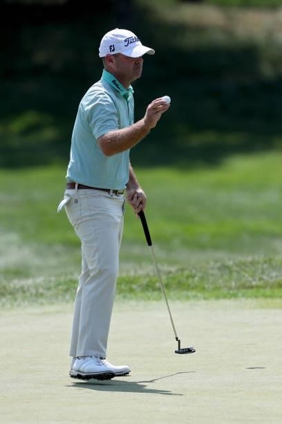 Ryan Armour reacts after making birdie on the first green during the final round of the 3M Open at TPC Twin Cities on July 25, 2021 in Blaine,...
