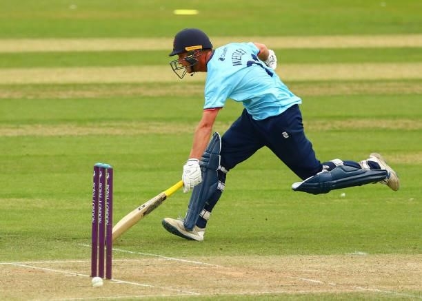 Tom Westley of Essex running back to the crease as the ball misses the stumps during the Royal London Cup match between Essex and Middlesex at...