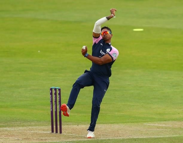 Thilan Walallawita of Middlesex bowls during the Royal London Cup match between Essex and Middlesex at Cloudfm County Ground on July 25, 2021 in...