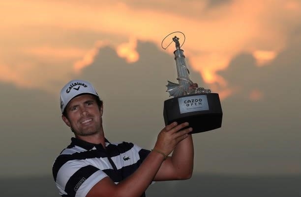 Nacho Elvira of Spain poses with the trophy after winning the Cazoo Open supported by Gareth Bale at Celtic Manor Resort on July 25, 2021 in Newport,...