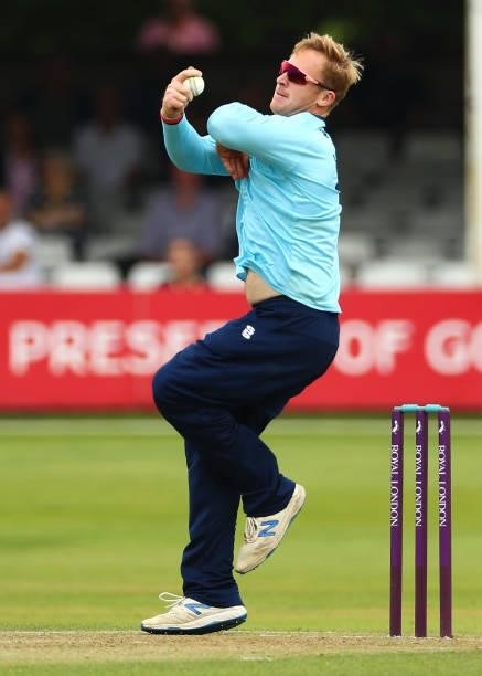 Simon Harmer of Essex bowls during the Royal London Cup match between Essex and Middlesex at Cloudfm County Ground on July 25, 2021 in Chelmsford,...