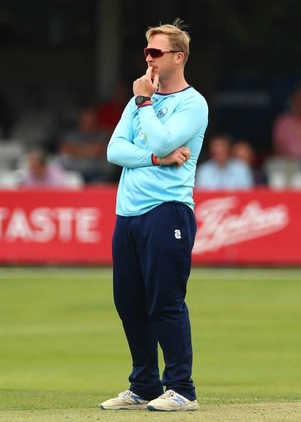 Simon Harmer of Essex reacts during the Royal London Cup match between Essex and Middlesex at Cloudfm County Ground on July 25, 2021 in Chelmsford,...