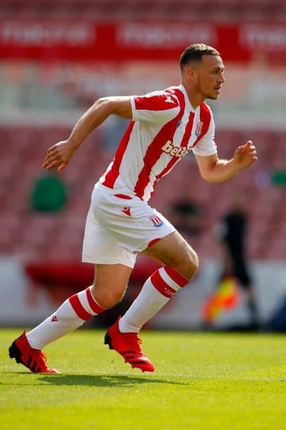 James Chester of Stoke City looks on during the Pre-Season Friendly between Stoke City and Aston Villa at bet365 Stadium on July 24, 2021 in Stoke on...