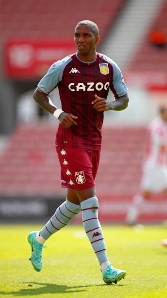 Ashley Young of Aston Villa looks on during the Pre-Season Friendly between Stoke City and Aston Villa at bet365 Stadium on July 24, 2021 in Stoke on...