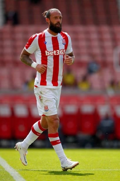 Steven Fletcher of Stoke City looks on during the Pre-Season Friendly between Stoke City and Aston Villa at bet365 Stadium on July 24, 2021 in Stoke...