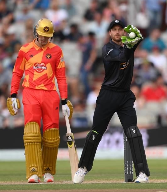 Originals wicketkeeper Jos Buttler in action during the Hundred match between Manchester Originals and Birmingham Phoenix at Emirates Old Trafford on...