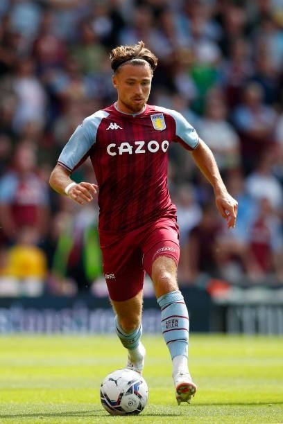Matty Cash of Aston Villa runs with the ball during the Pre-Season Friendly between Stoke City and Aston Villa at bet365 Stadium on July 24, 2021 in...