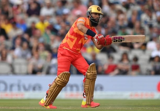 Phoenix batter Moeen Ali in action during the Hundred match between Manchester Originals and Birmingham Phoenix at Emirates Old Trafford on July 25,...