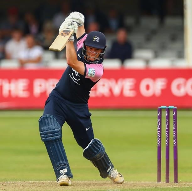 Jack Davies of Middlesex bats during the Royal London Cup match between Essex and Middlesex at Cloudfm County Ground on July 25, 2021 in Chelmsford,...