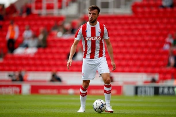 Morgan Fox of Stoke City looks on during the Pre-Season Friendly between Stoke City and Aston Villa at bet365 Stadium on July 24, 2021 in Stoke on...