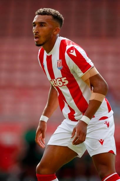 Jacob Brown of Stoke City looks on during the Pre-Season Friendly between Stoke City and Aston Villa at bet365 Stadium on July 24, 2021 in Stoke on...