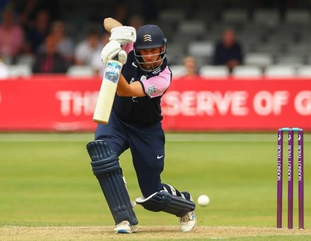 Luke Hollman of Middlesex bats during the Royal London Cup match between Essex and Middlesex at Cloudfm County Ground on July 25, 2021 in Chelmsford,...