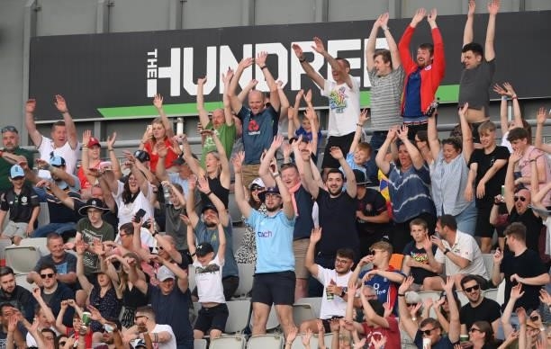 The 100 crowd having fun during the Hundred match between Manchester Originals and Birmingham Phoenix at Emirates Old Trafford on July 25, 2021 in...