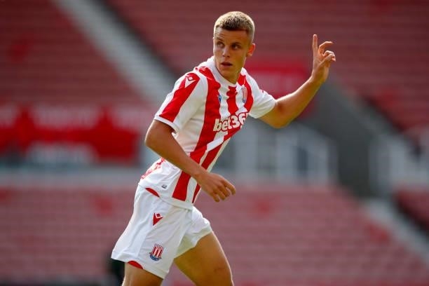 Will Goodwin of Stoke City looks on during the Pre-Season Friendly between Stoke City and Aston Villa at bet365 Stadium on July 24, 2021 in Stoke on...