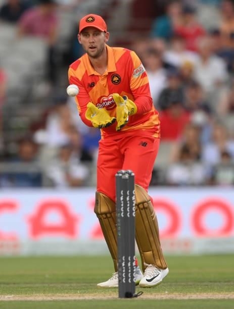 Phoenix wicket keeper Chris Cooke in action during the Hundred match between Manchester Originals and Birmingham Phoenix at Emirates Old Trafford on...
