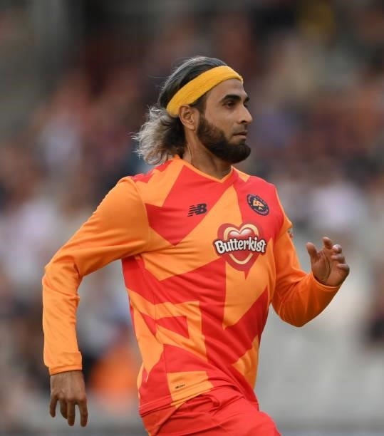 Phoenix player Imran Tahir in action during the Hundred match between Manchester Originals and Birmingham Phoenix at Emirates Old Trafford on July...
