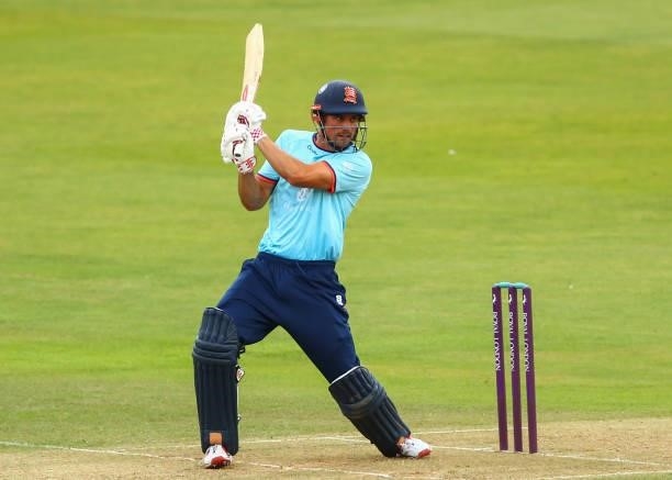 Alastair Cook of Essex bats during the Royal London Cup match between Essex and Middlesex at Cloudfm County Ground on July 25, 2021 in Chelmsford,...