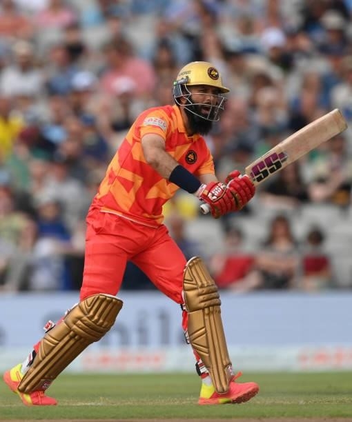 Phoenix batter Moeen Ali in action during the Hundred match between Manchester Originals and Birmingham Phoenix at Emirates Old Trafford on July 25,...